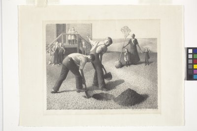 Grupo de plantación de árboles (litografía) de Grant Wood