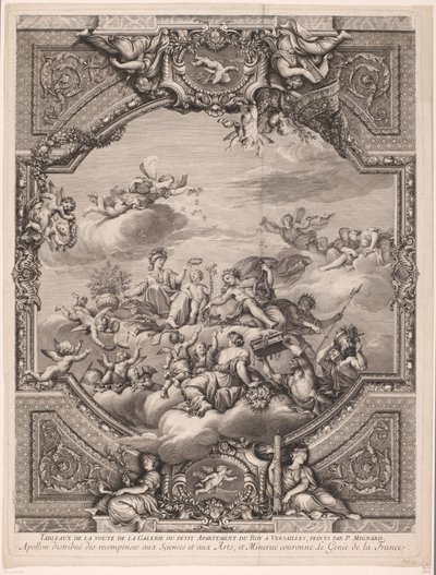 Apolo reparte recompensas y Minerva corona al genio de Francia Apollon distirbuë des recompenses aux Sciences et aux Arts, et Minerve couronne le Genie de la France (título sobre el objeto) Pinturas en el techo del Palacio de Versalles (título de la serie) de Gérard Audran
