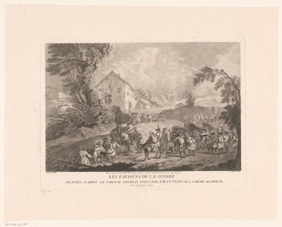 Paisaje con un grupo de soldados marchando Les Fatigues de la Guerre (título sobre objeto) Impresiones después de Antoine Watteau (título de la serie) L