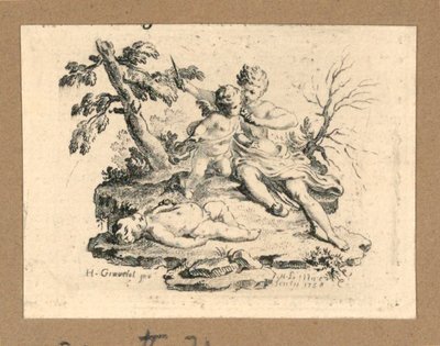 Cupido haciendo que Cupido coma el corazón de un niño, que ella ha cortado de Gravelot