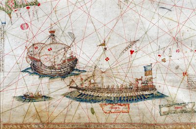 Detalle de barcos de mástil alto del Mapa Náutico de Grazioso Benincasa (Rot.3), en la Biblioteca Universitaria de Bolonia. de Grazioso Benincasa