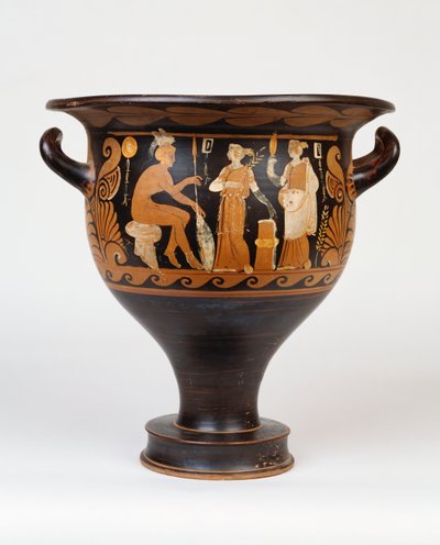 Un campaniano bell-krater por el pintor Ca que representa a un guerrero sentado y dos mujeres, siglo IV a.C. de Greek