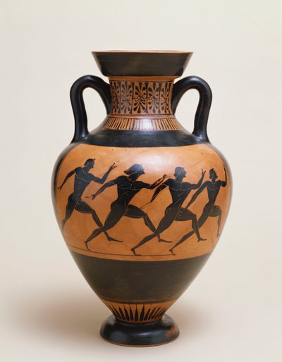 Ánfora ática de figuras negras de forma panatenaica con cuatro atletas desnudos corriendo hacia la derecha, siglo V a.C. de Greek