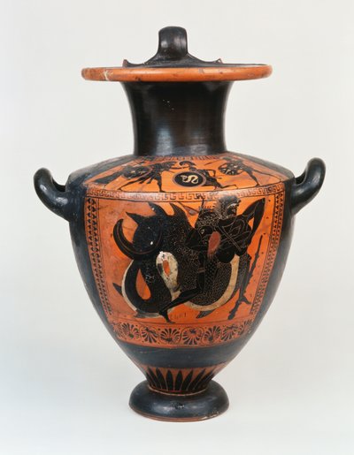 Una hidria de figuras negras áticas que representa a Atenea y Heracles en combate, y abajo, Heracles luchando con Nereos, c.520 a.C. de Greek