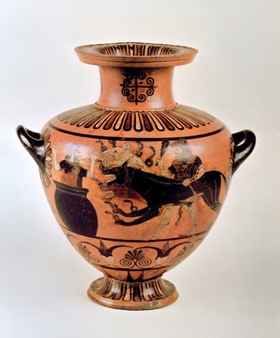 Hidria jónica arcaica que representa a Heracles trayendo a Cerbero a Euristeo, de Cerveteri, c.530 a.C. de Greek