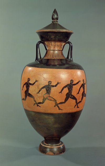 Ánfora Panatenaica de figuras negras del ático decorada con hombres corriendo, 375-370 a.C. (cerámica) de Greek