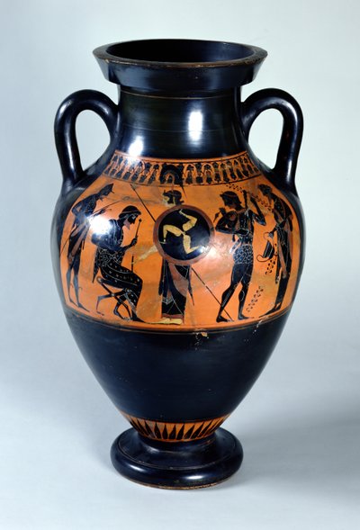 Ánfora de cuello de figuras negras áticas que representa la bienvenida de Hércules al Olimpo, c.520 a.C. de Greek