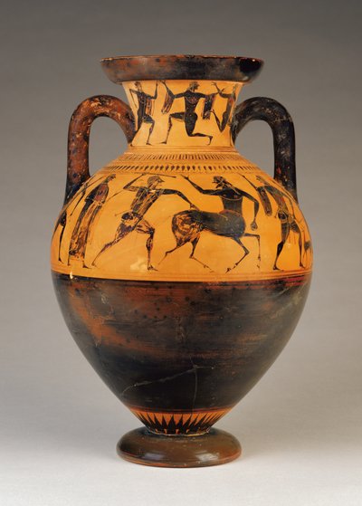Ánfora de cuello de figuras negras áticas con Heracles persiguiendo a un centauro, c.530 a.C. de Greek