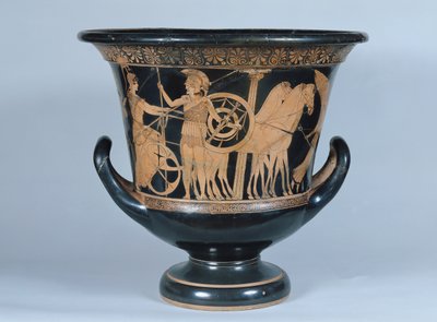 Ática kalyx krater de figuras rojas que representa a un hoplita partiendo para la guerra de Greek