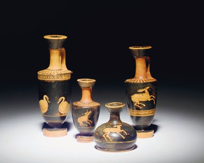 Lécito de figuras rojas ático, finales del siglo V a.C., y lécito en miniatura, siglo V a.C. de Greek