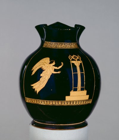 Oinochoe de figuras rojas del ático decorado con la escena de una Nike alada volando con una cinta hacia un trípode, cerca del Pintor Calliope, de Nola, c.430 a.C. de Greek