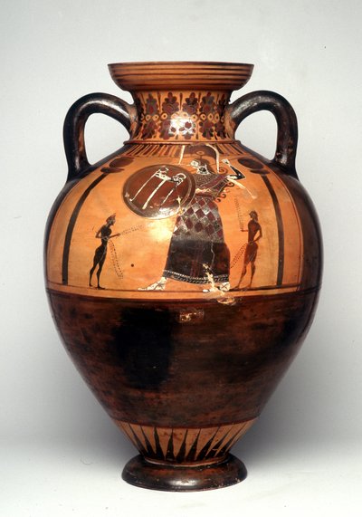 Vaso de figuras negras que representa a Atenea blandiendo un escudo y una lanza, 550 a.C. (cerámica) de Greek