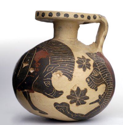 Árbol esférico de figuras negras corintias que representa animales, Período Corintio Medio (600-575 a.C.) de Greek