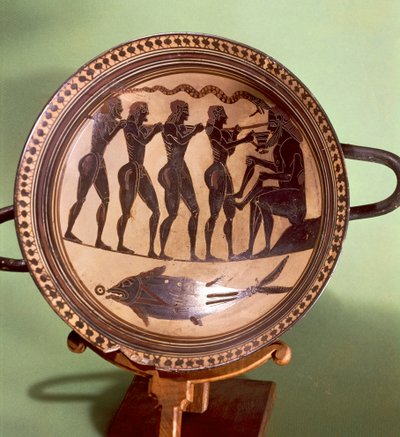 Copa mostrando a Ulises cegando a Polifemo, cerámica de figuras negras, Grecia, Civilización Griega, siglo VI a.C. de Greek