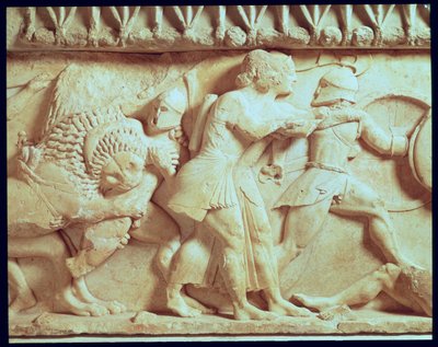 Detalle del friso norte del Tesoro de Siphnian que muestra dioses luchando contra gigantes de Greek