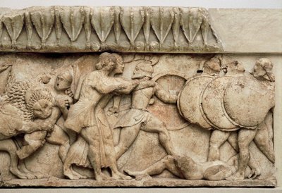 Gigantomaquia: El león de Cibeles devora a un gigante mientras Apolo y Artemisa luchan contra los gigantes, 525 a.C. de Greek