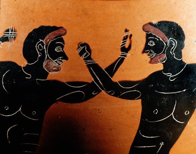 Arte griego: Ánfora de terracota panatenaica: (detalle) que representa una batalla de pugilato. Tumba del guerrero de Vulci. Siglo VI a.C. Roma, Museo Nacional de Villa Giulia de Greek