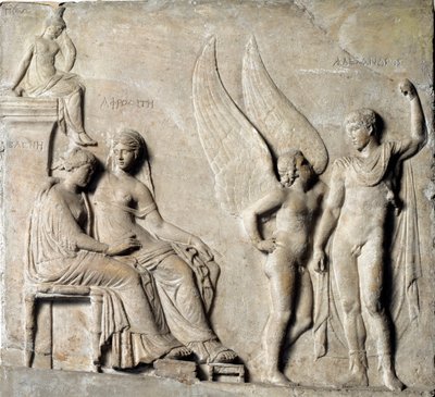 El príncipe de Esparta París seduce a Helena de Troya, Afrodita está representada. Relieve de mármol de un original griego. Siglo I a.C. Museo Arqueológico Nacional, Nápoles de Greek