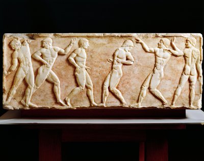 Civilización griega, estela que representa atletas en el gimnasio, de la necrópolis de Kerameikos en Atenas, Grecia, 510 a.C. de Greek