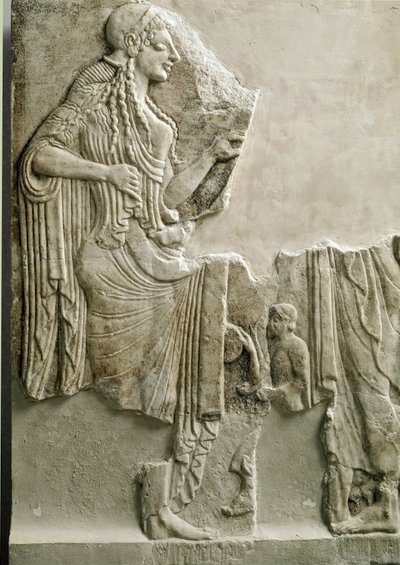 Antigüedad griega: "una familia haciendo un sacrificio a la diosa Atenea" Bajo relieve. 550 a.C. De la acrópolis de Atenas. de Greek