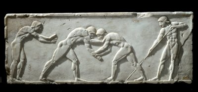 Arte griego: base de kouros representando luchadores durante una pelea. Relieve de mármol, 510-500 a.C. - Atenas, museo arqueológico de Greek