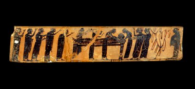 Arte griego: fragmento de un vaso con figuras negras en cerámica representando una ceremonia funeraria: representación del cuerpo del difunto y de las lamentaciones obligadas alrededor del lecho mortuorio, siglo VI a.C. de Greek