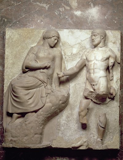 Hércules y Minerva, una de una serie de metopas que representan los Trabajos de Hércules del Templo de Zeus en Olimpia, Período Clásico Temprano, c.470-457 a.C. (mármol de Paros) de Greek