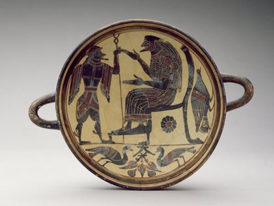 Copa Kylix laconiana que representa a Zeus y Hermes, c.550-530 a.C. (arcilla) de Greek