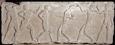 Relieve de mármol de un kouros funerario que representa a seis atletas. 510-500 a.C. De la acrópolis de Atenas. Museo Nacional de Arqueología, Atenas de Greek