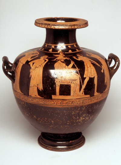 Pintura en vaso: Representación de Júpiter (Zeus) truncando en el centro. Sobre su cabeza aparece Atenea, completamente armada (nacimiento de Atenea). Frente a Zeus, está Hefesto. 470 a.C. BNF, Gabinete de Medallas. de Greek
