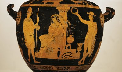 Crátera de figuras rojas que representa a Orestes, Electra y Pílades en la tumba de Agamenón de Greek