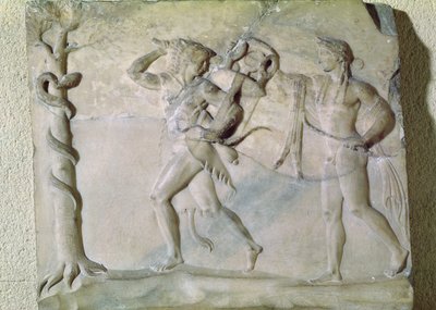 Tabla que representa a Hércules llevándose el trípode délfico frente a Apolo de Greek