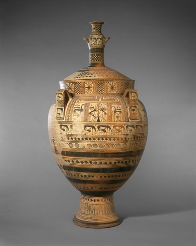 Crátera de terracota con tapa coronada por una pequeña hidria, c. 750-740 a.C. de Greek
