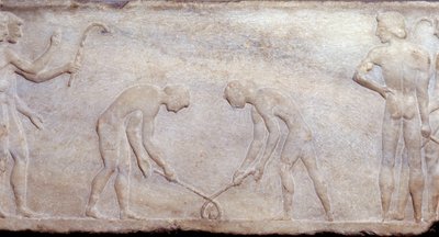Arte de la Antigua Grecia: Juego de pelota con lacrosse (principio del hockey actual). Bajo relieve. Museo Arqueológico de Atenas de Greek