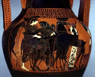 Ánfora de figuras negras decorada con una escena de Heracles asistiendo a Atenea, (detalle), siglo VI-V a.C. (cerámica) de Greek