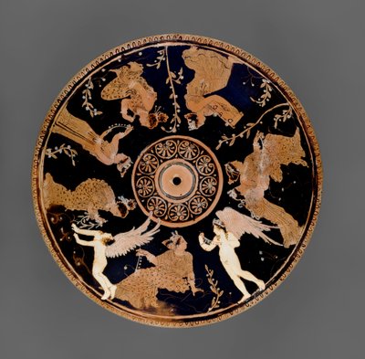 Ática de figuras rojas Pyxis, (detalle) de la tapa decorada con mujeres sosteniendo amuletos de amor y collares, cercano al Pintor Medidias de Greek School