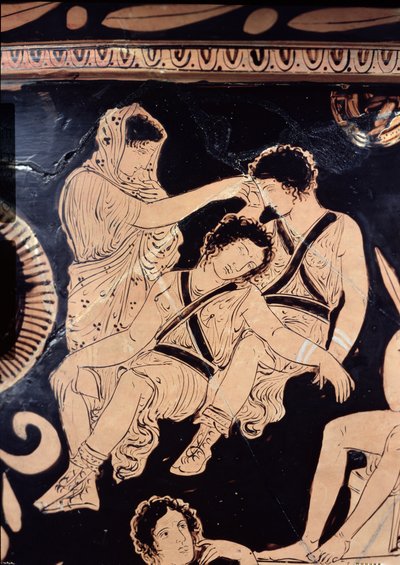 Crátera ático de figuras rojas que representa a Orestes como suplicante en el santuario de Apolo en Delfos, atribuida al Pintor de las Euménides de Apulia, c.380 a.C. (detalle) de Greek School