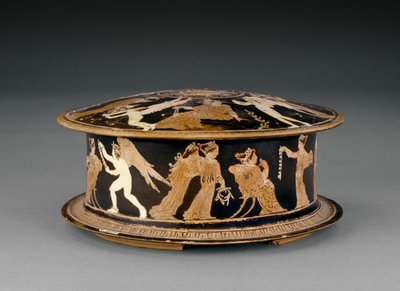 Píxide de figuras rojas del Ática decorada con mujeres y erotes o cupidos, cerca del pintor Meidias, finales del siglo V a.C. de Greek School