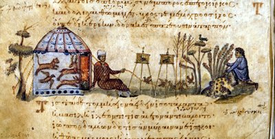 Aves de caza - en "De venatione" de Oppianus, manuscrito griego del siglo XIII. Biblioteca Marciana. Venecia de Greek School