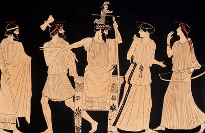 Nacimiento de Atenea saliendo de la cabeza de Júpiter (Zeus), pintura encontrada en Vulci, ed. siglo XX de Greek School