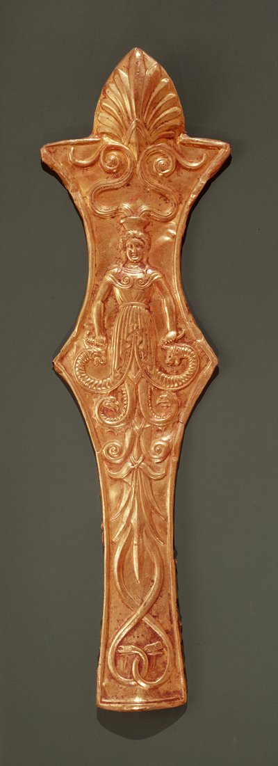 Frontal de brida, placa con una representación de una mujer con piernas de serpiente de Greek School