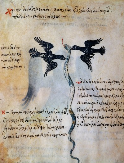 Representación de Constantinopla entre dos cuervos, miniatura del Oráculo de León VI el Sabio de Greek School