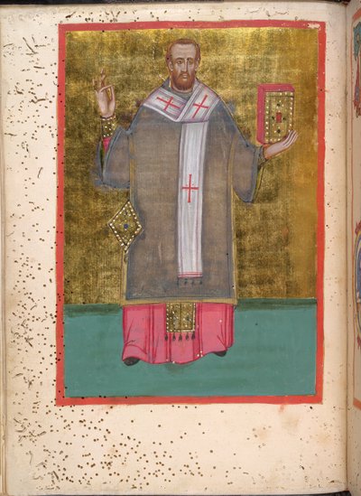 Egerton 2392, f.5v, Miniatura de un Juan Crisóstomo de pie sosteniendo un libro, de 