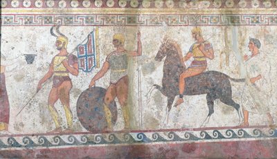Soldados de infantería y caballería, pintura de tumba de Paestum de Greek School