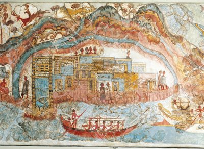 Fresco que representa una procesión de barcos de Akrotiri, Isla de Thera, Santorini, Grecia, detalle, una ciudad costera de Greek School