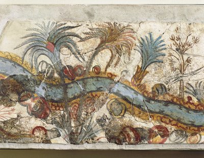 Fresco que representa un paisaje fluvial, de Akrotiri, isla de Thera, Santorini, Grecia, detalle de Greek School