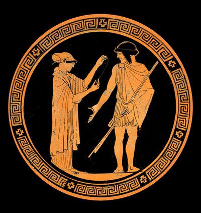Conversación galante, decoración de una cerámica con figuras rojas. Siglo V a.C. de Greek School