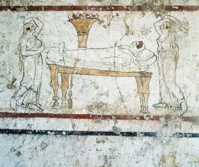 Necrópolis de Gaudo, pintura mural lucana que representa a la fallecida en su lecho de muerte, 340 a.C. de Greek School