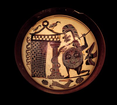 Arte griego: copa laconia con figuras negras representando a Cadmo luchando contra el dragón de Tebas o Apolo y la serpiente Pitón de Greek School
