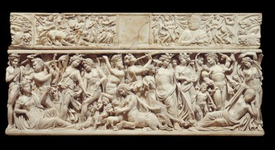 Arte griego: relieve esculpido en mármol de un sarcófago que representa a Dionisio (o Baco) descubriendo a Ariadna dormida. La deidad está acompañada por su cortejo de sátiros. 230 d.C. De Saint Medard d